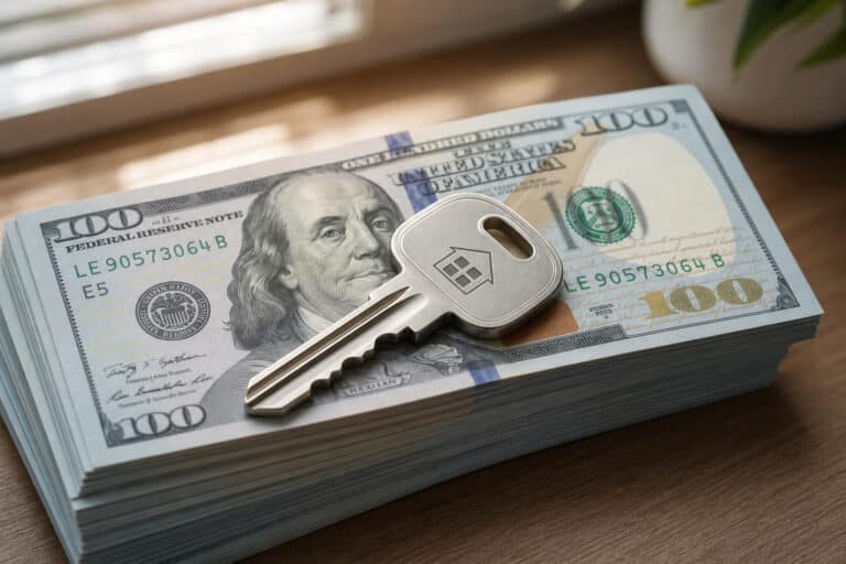 A house key resting on a stack of hundred-dollar bills, symbolizing real estate investment or property ownership.