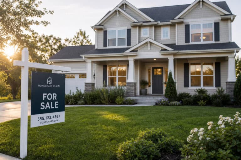 Spacious two-story house with a well-maintained lawn and a 'For Sale' sign in front, showcasing a modern residential property.