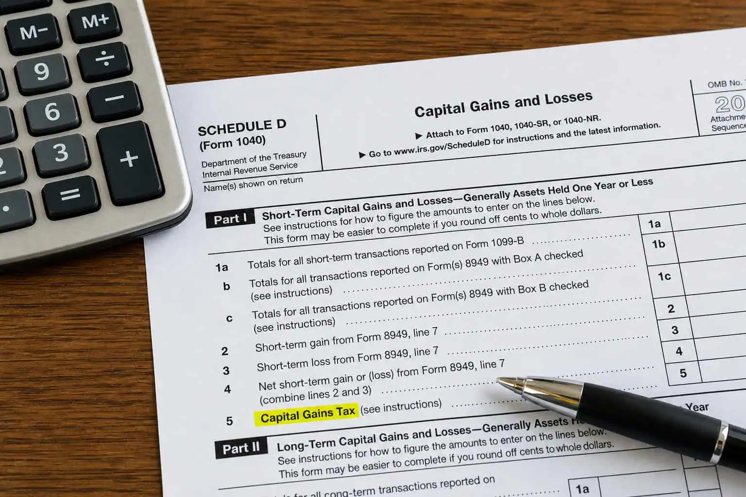 Why You Should Never Pay Cash for a House: The $6.58 Million Opportunity Cost 9 Tax form with 'Capital Gains Tax' highlighted, pen and calculator, showing the hidden tax cost of selling investments for a cash home purchase.