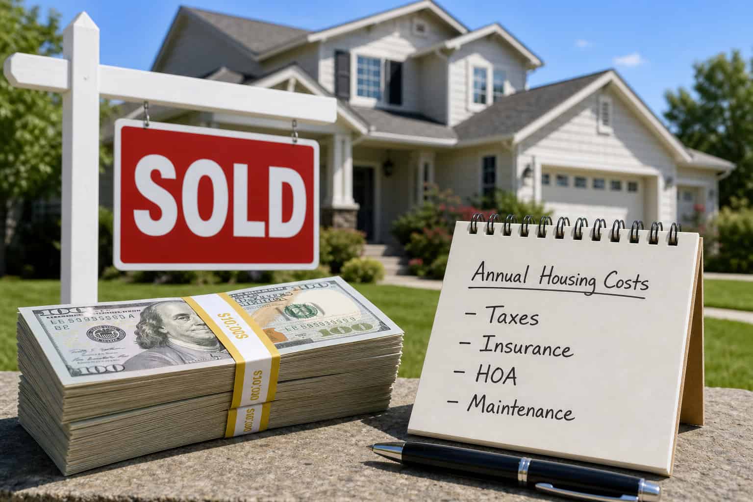 What Is the 30/30/3 Rule for Home Buying? Two Frameworks Explained With Real Examples 9 Real estate sold sign in front of a modern house with a stack of cash and a list of annual housing costs including taxes, insurance, HOA, and maintenance.