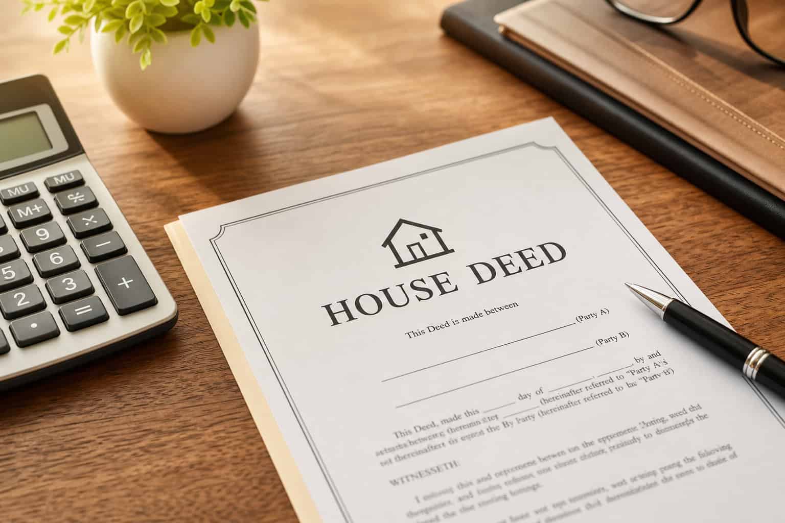 Do You Get a Tax Break for Buying a House With Cash? The Surprising Answer 2 House deed and calculator on desk, representing cash home purchase and tax implications.