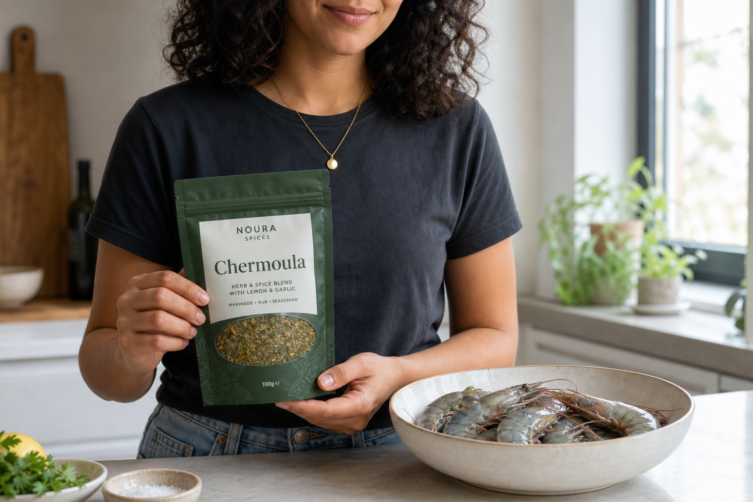 Chermoula spice blend pouch from Seasoned Pioneers beside raw prawns