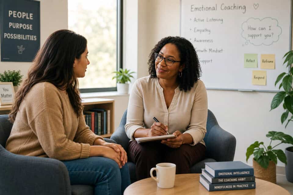 How to Be a Good Mom by Hitting the 70% Rule, Not 100% 3 Two women engaged in a counseling session discussing emotional coaching techniques in a cozy office setting.