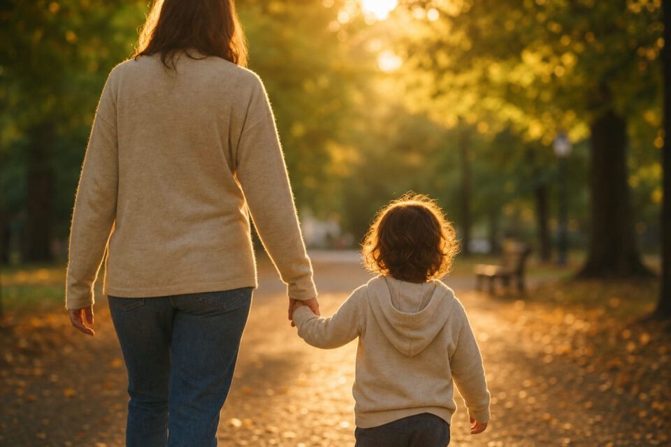 What Is a Tidbit? How Small Narratives Build Deeper Human Connection 5 A mother and young child walking hand in hand through a park during sunset, surrounded by trees with golden leaves, creating a warm and peaceful atmosphere.