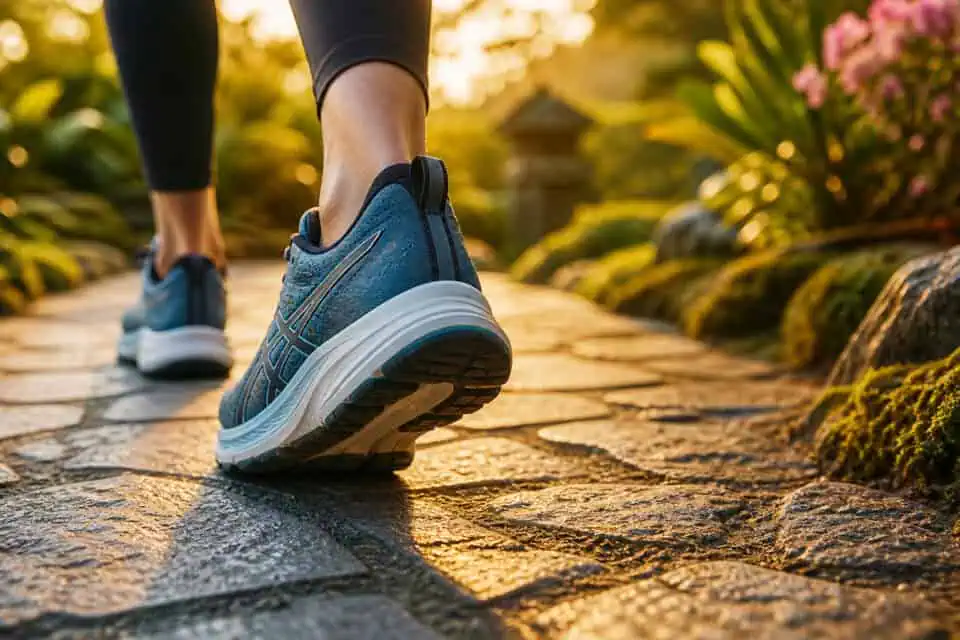 San Antonio Botanical Garden: Is a 38-Acre Walking Tour Worth It? 2 Close-up of blue running shoes on a cobblestone path during sunset, with lush greenery and pink flowers in the background.