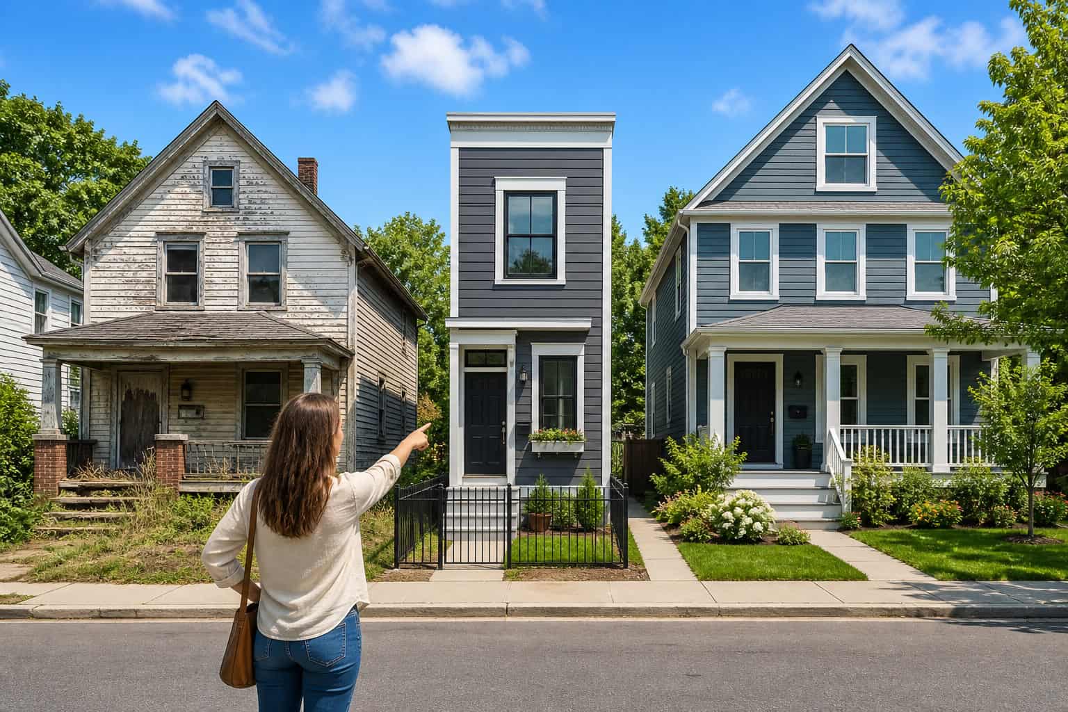 What Is the 30/30/3 Rule for Home Buying? Two Frameworks Explained With Real Examples 8 A woman pointing at a narrow modern house between two traditional homes on a sunny day.