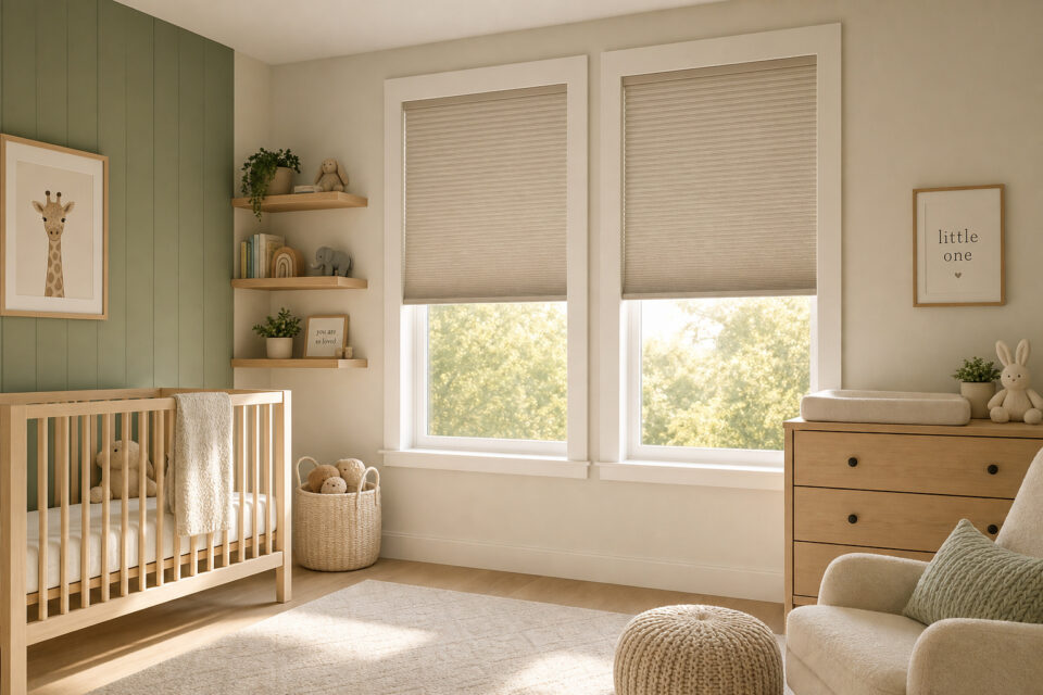 How to Childproof Windows: The 4-Inch Rule and Hardware That Actually Keeps Kids Safe 8 Bright nursery room with large windows, beige walls, wooden furniture, and soft decor, creating a cozy and inviting space for a baby.