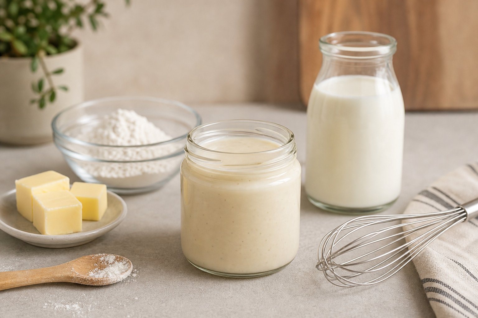 Assorted baking ingredients including milk, butter, flour, and sugar on a kitchen countertop for baking preparation.