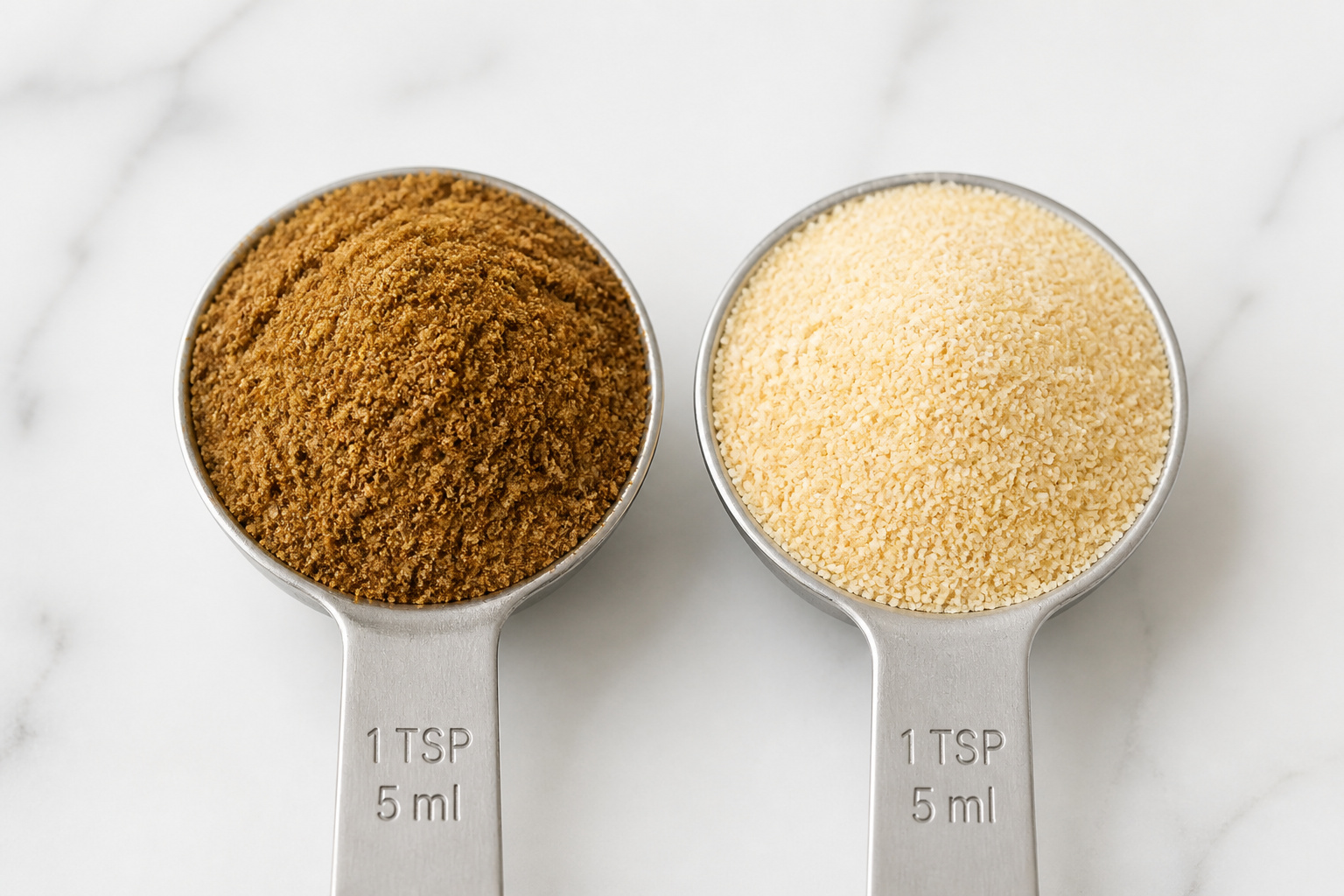 Measuring spoons of cumin and garlic powder for a DIY spice blend recipe.