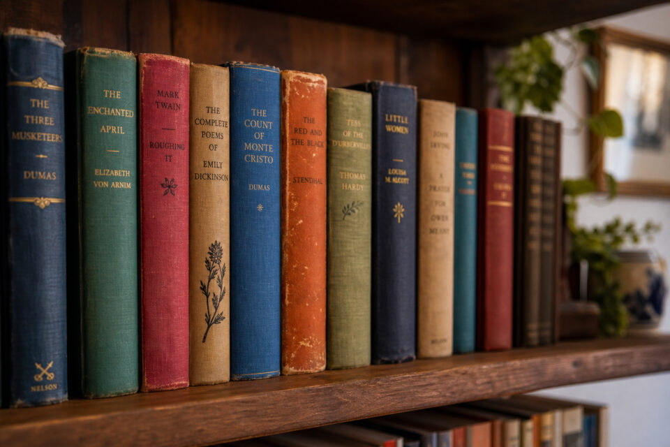 What Is a Tidbit? How Small Narratives Build Deeper Human Connection 6 A collection of classic literature hardcover books arranged on a wooden shelf, featuring titles like "The Three Musketeers" and "The Count of Monte Cristo," with natural light streaming through a near.