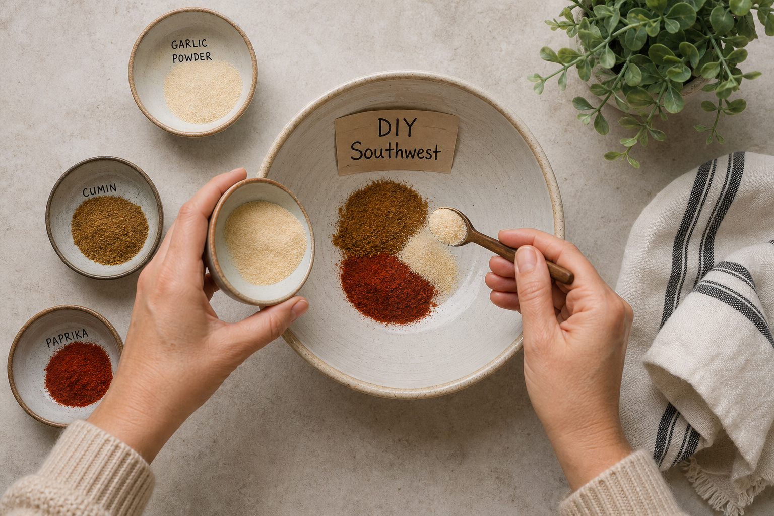 Person mixing homemade Southwest spice blend with cumin, garlic powder, paprika, and other spices in a bowl for cooking or seasoning.