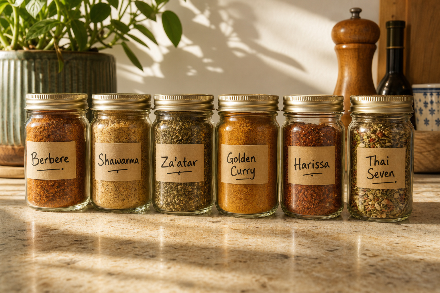 Six glass jars filled with different spices labeled Berbere, Shawarma, Za'atar, Golden Curry, Harissa, and Thai Seven on a kitchen countertop with a plant and salt and pepper shakers in the background.