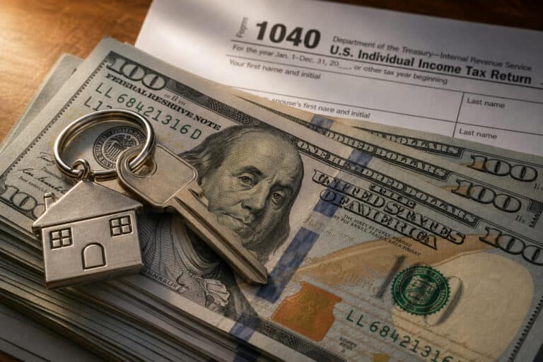 Close-up of house key and house-shaped keychain on top of a stack of US $100 bills and tax documents, symbolizing financial security and real estate investment.