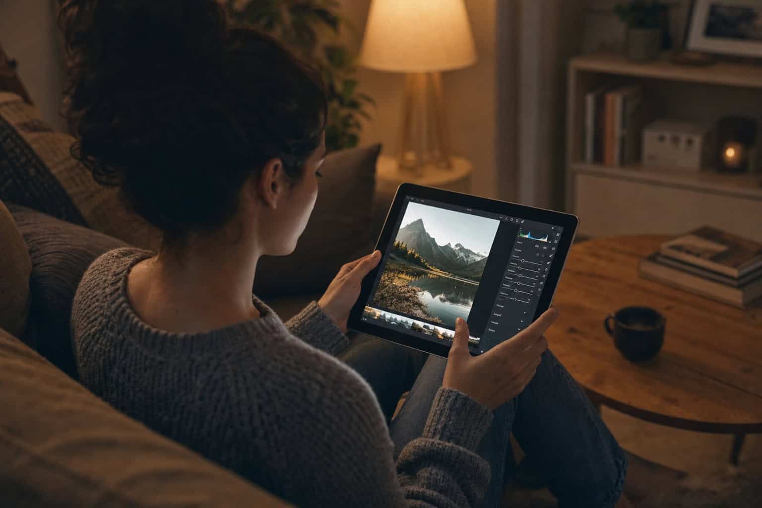 How RetouchMe Works: A Step-by-Step Walkthrough With Real User Experiences 3 Person editing photos on a tablet from a couch at night with warm lamp light