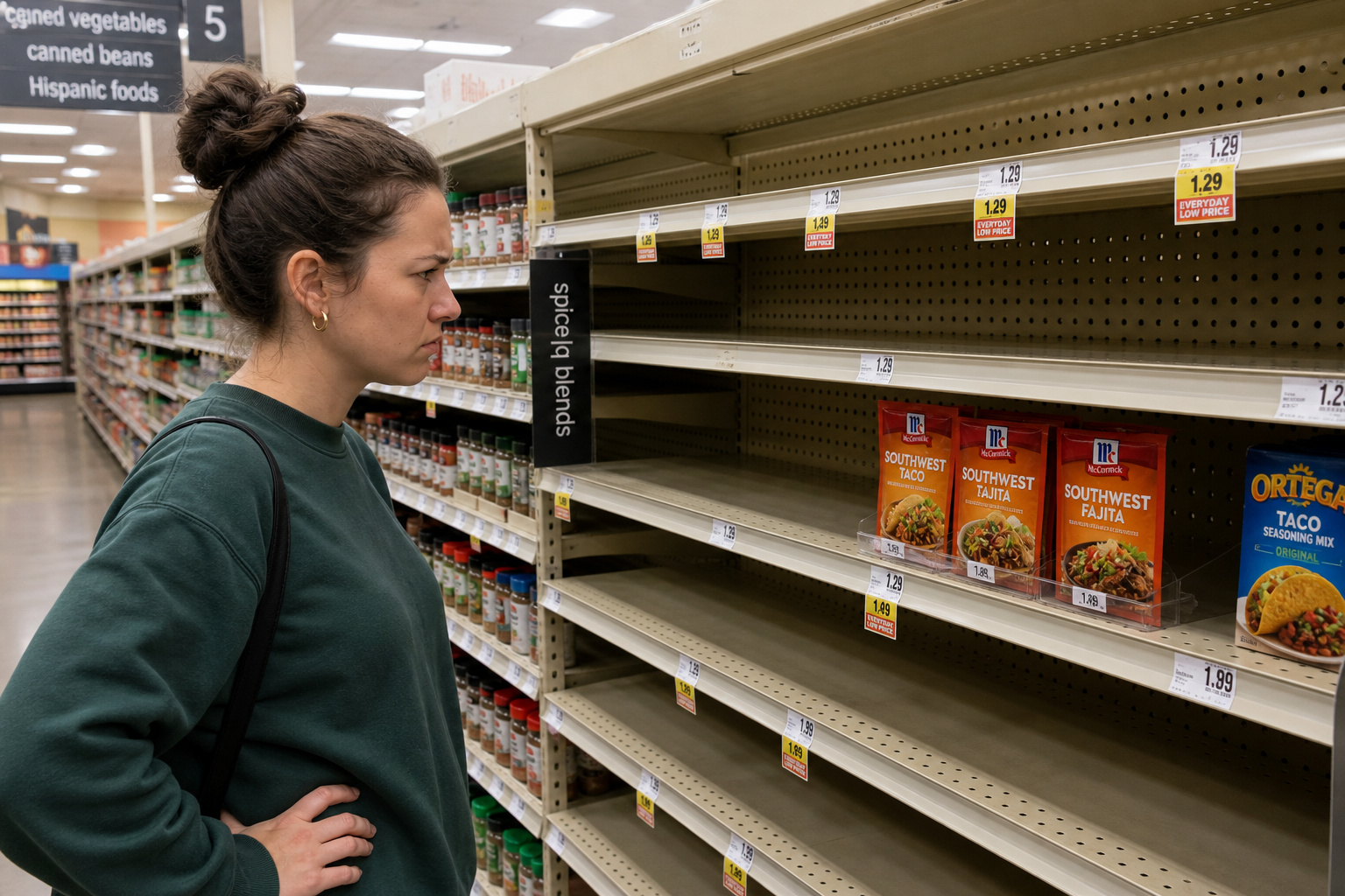 Shopper looking at a nearly empty spice shelf in a Target grocery aisle