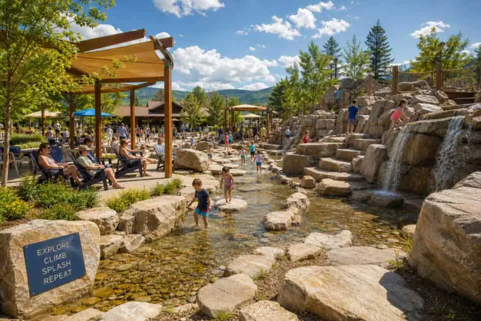 San Antonio Botanical Garden: Is a 38-Acre Walking Tour Worth It? 8 Families and children playing and relaxing at a natural water park with rocks, waterfalls, and shaded seating areas on a sunny day.