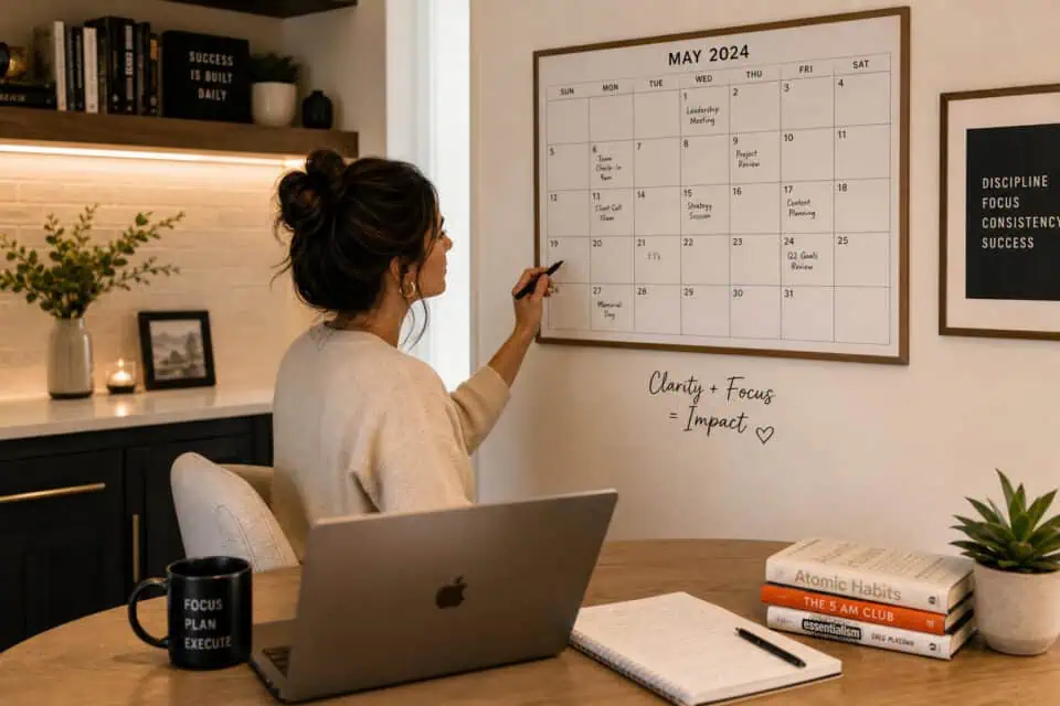 How to Be a Good Mom by Hitting the 70% Rule, Not 100% 6 Woman planning May 2024 calendar on wall with markers, surrounded by books and workspace essentials, emphasizing organization, goal setting, and productivity.