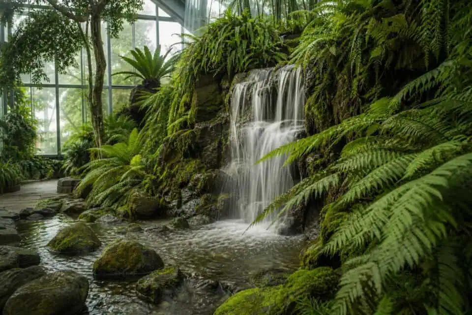 San Antonio Botanical Garden: Is a 38-Acre Walking Tour Worth It? 4 Indoor tropical garden with a waterfall surrounded by lush green ferns and plants, creating a serene and natural atmosphere inside a glass conservatory.