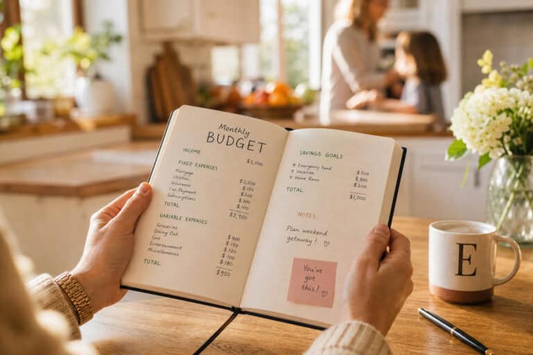 Person holding a budget planner open to income, expenses, and savings goals with a cozy kitchen background.