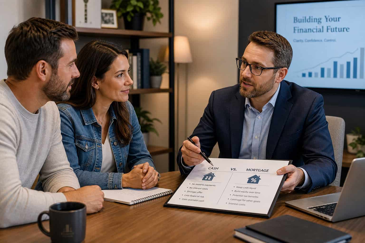 Do You Get a Tax Break for Buying a House With Cash? The Surprising Answer 7 A financial advisor discusses mortgage and cash options with a couple in a professional setting, emphasizing financial planning and future security.