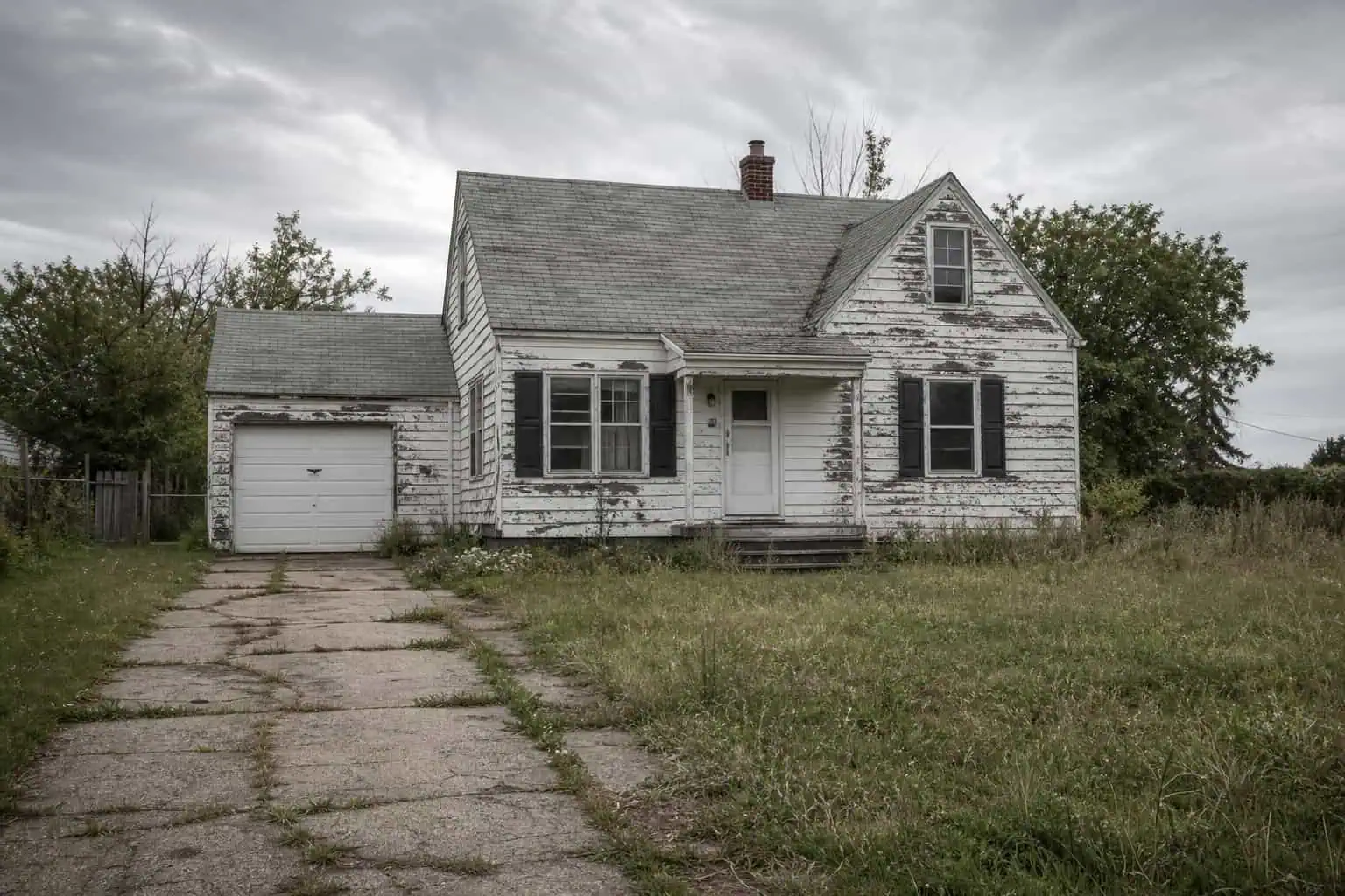 Why Sellers Choose Cash Offers (4x Higher Close Rate, 7-14 Day Closing) 7 Fixer-upper house with peeling paint and cracked driveway, ideal for a cash as-is sale.