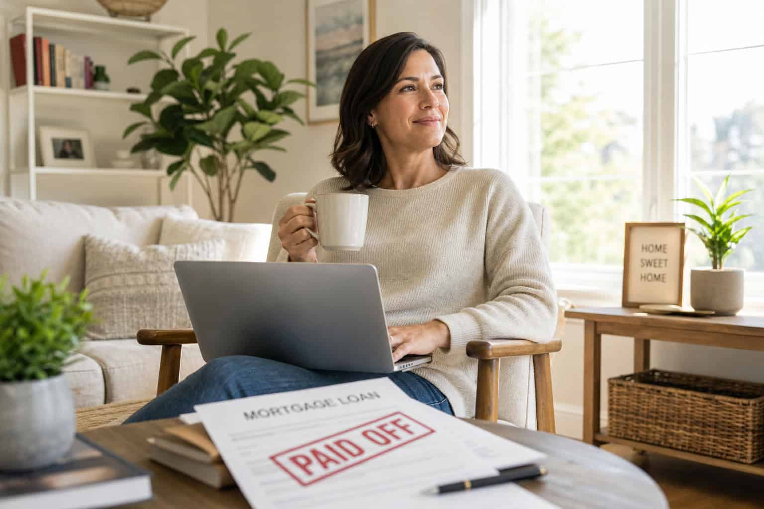 What Is the 30/30/3 Rule for Home Buying? Two Frameworks Explained With Real Examples 7 Woman sitting comfortably at home with a laptop, holding a coffee mug, and smiling while looking out the window, creating a cozy and productive atmosphere.