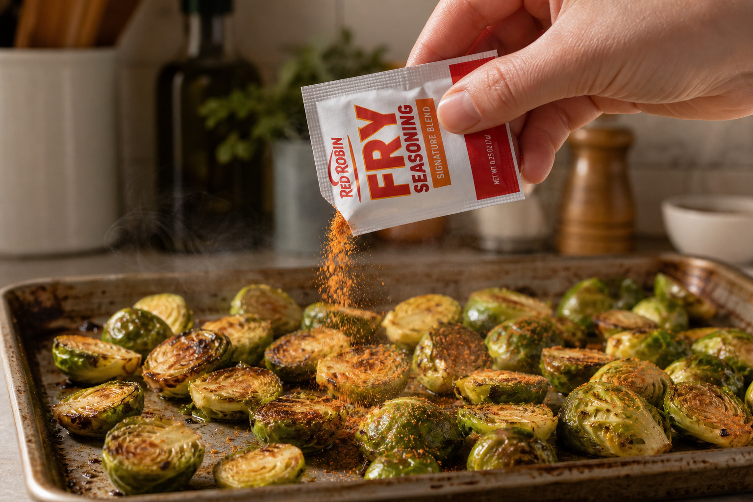 Fry Seasoning being sprinkled onto Brussels sprouts on a baking sheet