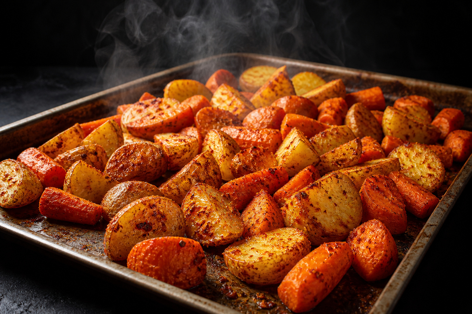 Freshly roasted potatoes and carrots on a baking sheet, seasoned and steaming hot, perfect for a hearty meal.