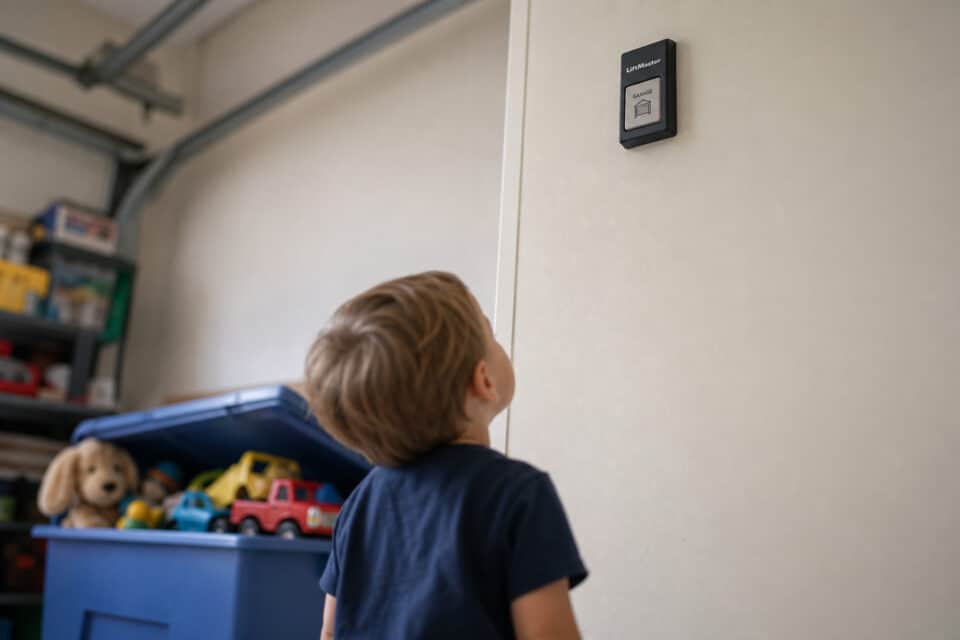Stop Kids Using the Garage Door: Beyond the 60-Inch Rule 3 Young boy looking at a smart home device mounted on the wall in a garage or playroom setting.