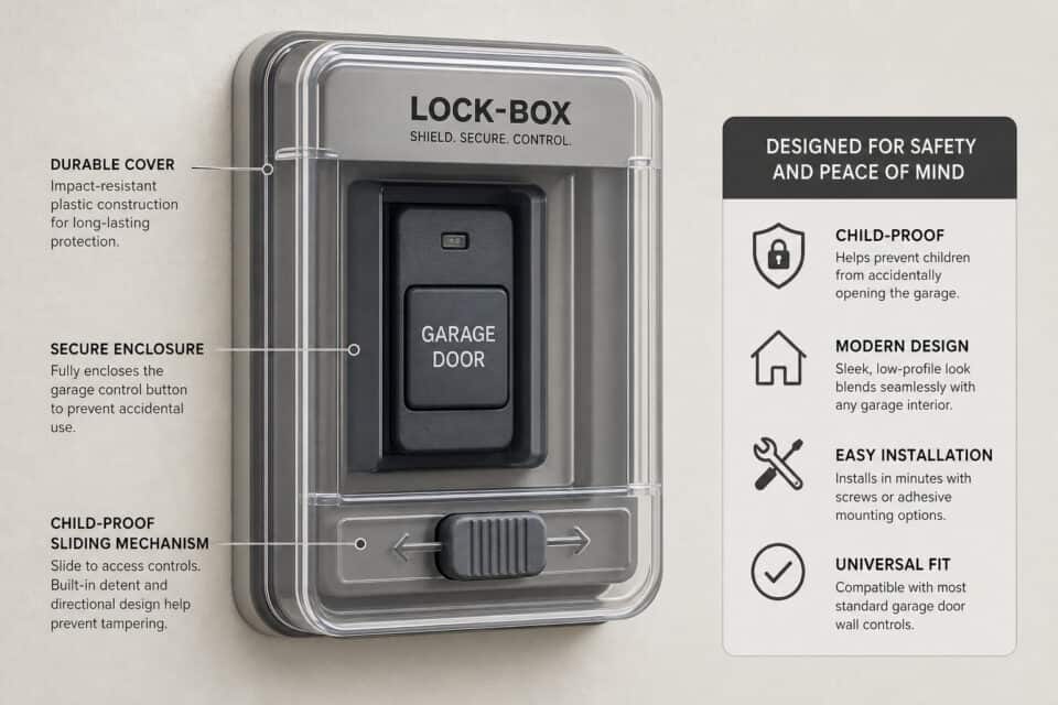 Stop Kids Using the Garage Door: Beyond the 60-Inch Rule 4 Secure garage door lock-box with durable cover, child-proof sliding mechanism, and universal fit, designed for safety, peace of mind, and easy installation.