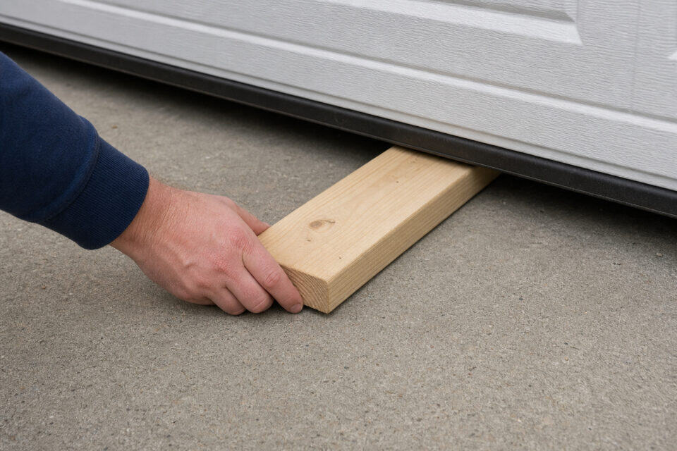 Stop Kids Using the Garage Door: Beyond the 60-Inch Rule 5 Person installing a wooden block under a garage door to prevent drafts and improve insulation.