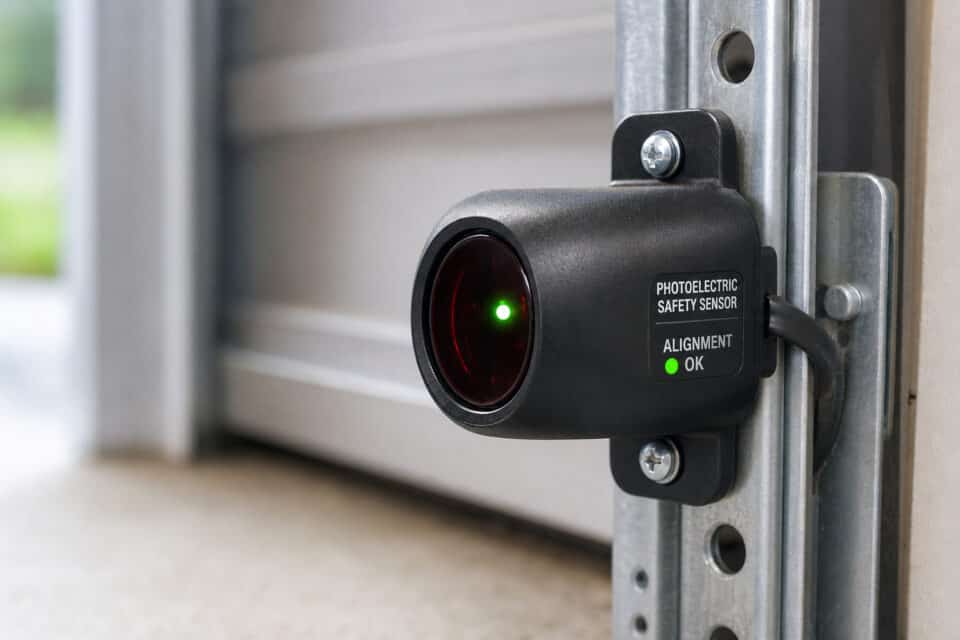 Stop Kids Using the Garage Door: Beyond the 60-Inch Rule 6 Photoelectric safety sensor installed on garage door track with green OK indicator light, ensuring safe operation and preventing accidents.