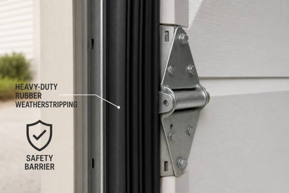 Stop Kids Using the Garage Door: Beyond the 60-Inch Rule 2 Close-up of a door hinge with heavy-duty rubber weatherstripping and safety barrier for enhanced weather resistance and security.