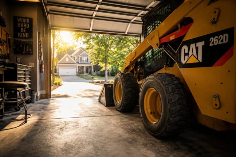 Yellow CAT 262D skid steer loader parked inside a garage with sunlight streaming in, showcasing a residential neighborhood outside.