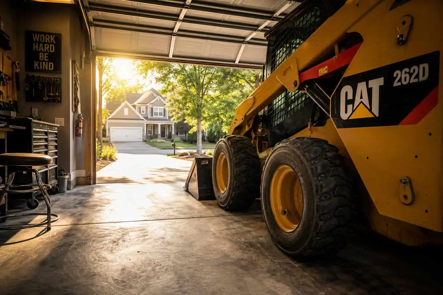Stop Kids Using the Garage Door: Beyond the 60-Inch Rule 1 Yellow CAT 262D skid steer loader parked inside a garage with sunlight streaming in, showcasing a residential neighborhood outside.