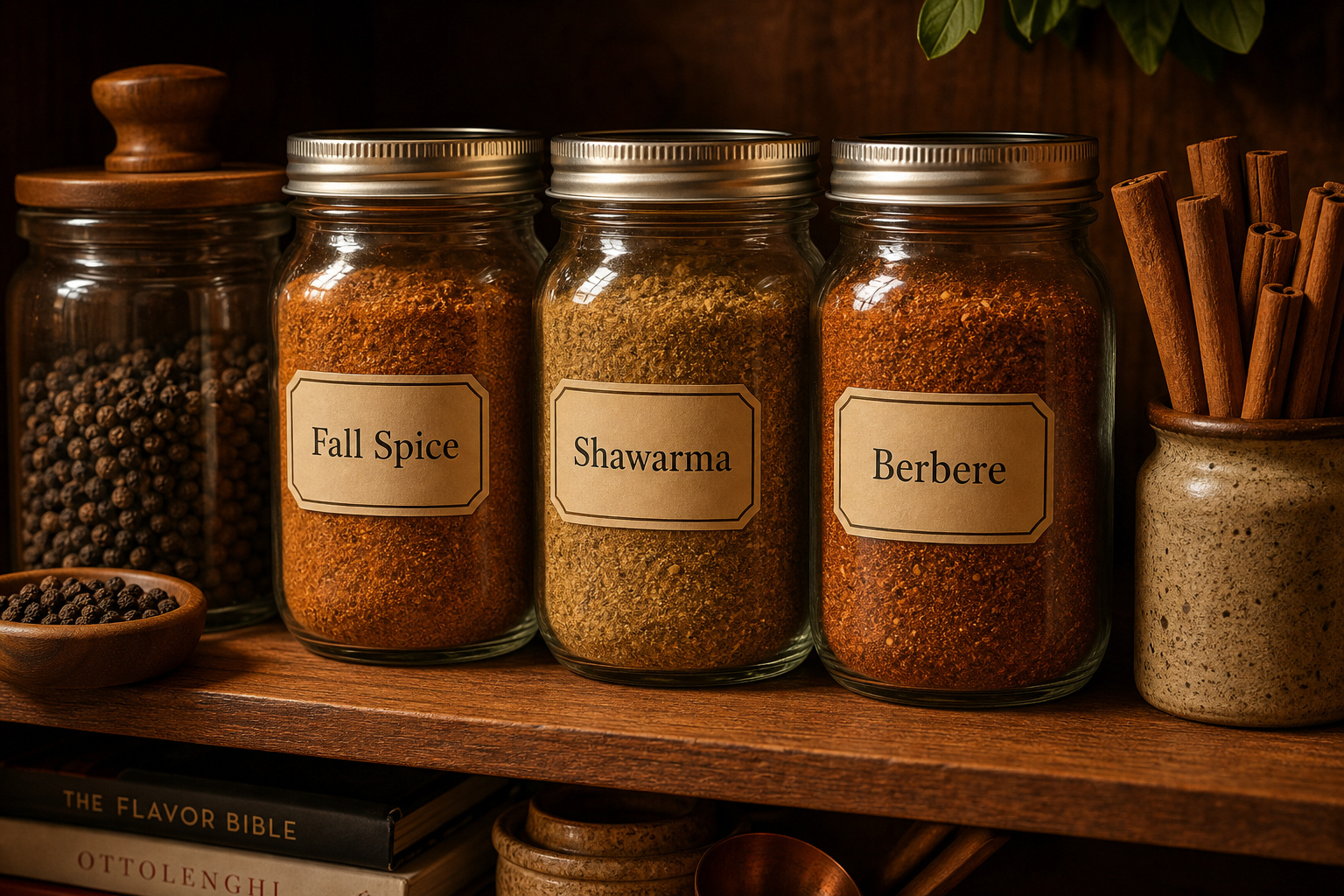 Glass mason jars storing homemade HelloFresh spice blends in a dark pantry.
