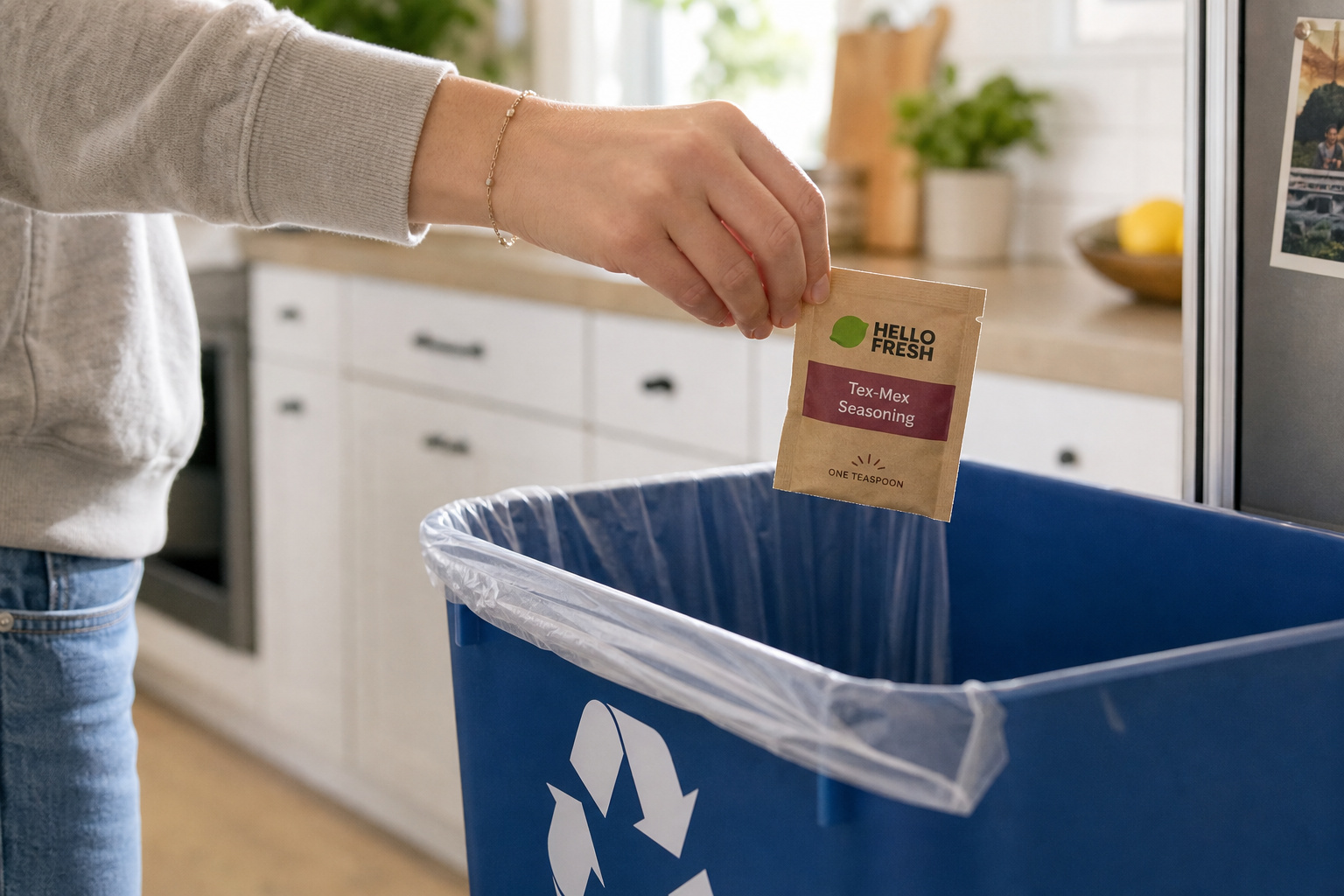 Person discarding a tea bag into a recycling bin in a modern kitchen environment, promoting eco-friendly waste disposal and recycling practices.