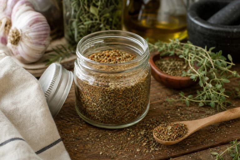 Close-up of a mason jar filled with mixed herbs and spices on a rustic wooden table, surrounded by garlic, fresh herbs, and cooking ingredients.