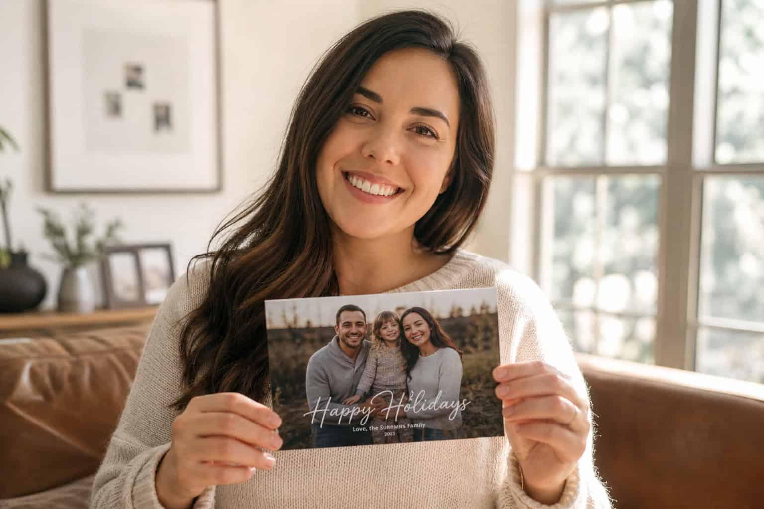 How RetouchMe Works: A Step-by-Step Walkthrough With Real User Experiences 9 Person holding a holiday card photo with natural retouching in warm sunlight