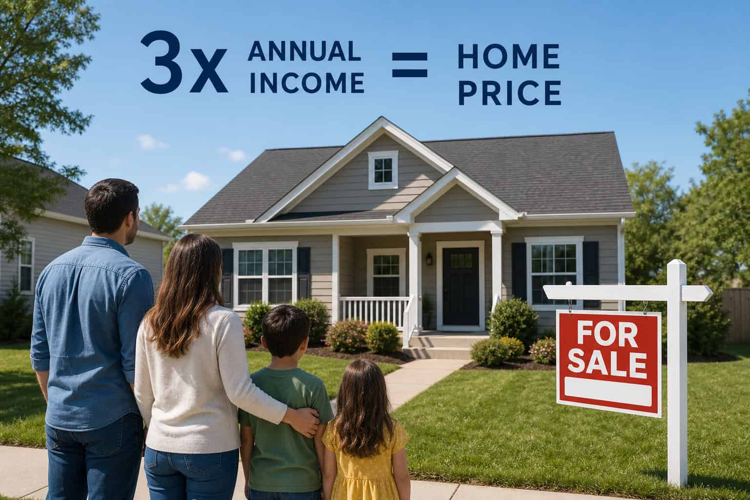 What Is the 30/30/3 Rule for Home Buying? Two Frameworks Explained With Real Examples 5 Family looking at a house with a 'For Sale' sign, illustrating the concept of home price being three times annual income.