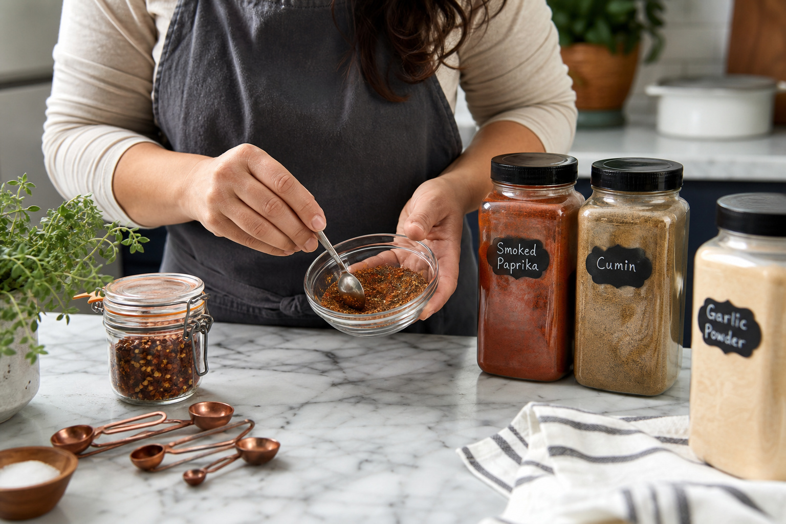 Mixing homemade HelloFresh copycat spice blend with measuring spoons and bulk spices.