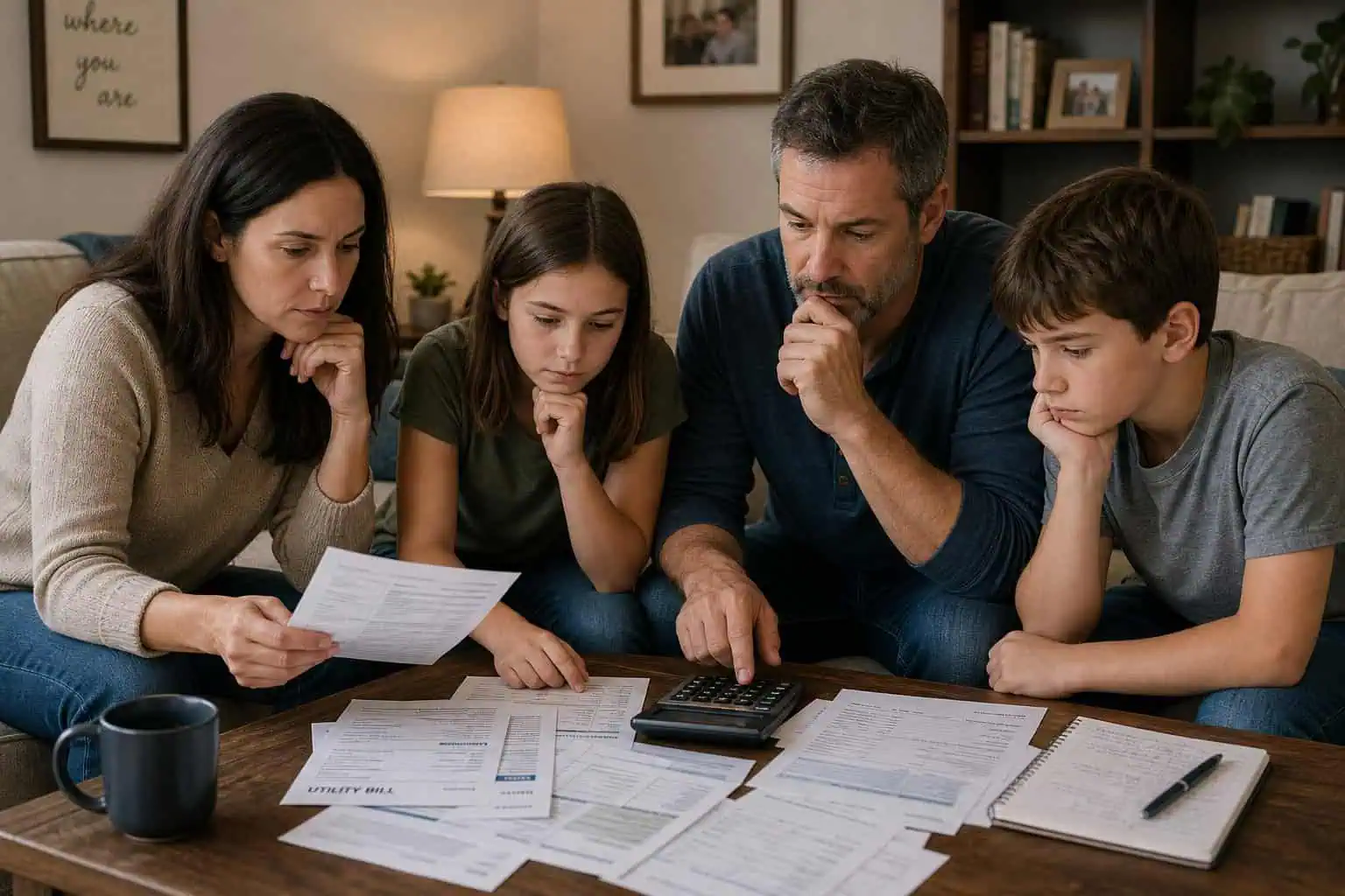 Family of four discussing finances and reviewing documents on a coffee table for budget planning.
