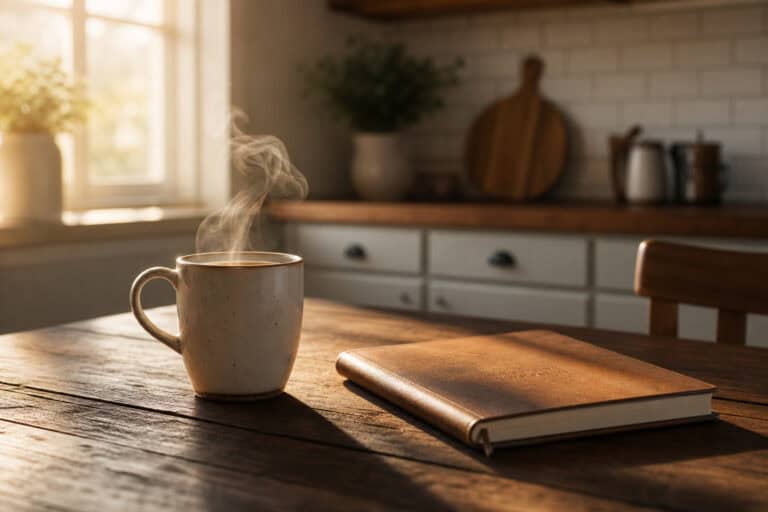 A steaming cup of coffee on a rustic wooden table in a bright kitchen with sunlight streaming through the window.