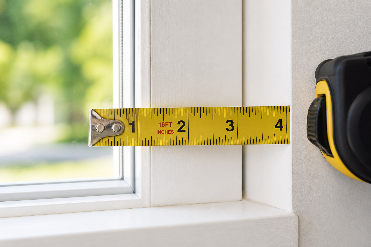 How to Childproof Windows: The 4-Inch Rule and Hardware That Actually Keeps Kids Safe 1 Close-up of a tape measure extending across a white window frame to measure its width, with a blurred outdoor scene visible through the window.