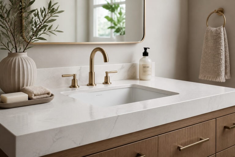 Elegant bathroom vanity with a white marble countertop, gold fixtures, and a large mirror, creating a luxurious and clean look.