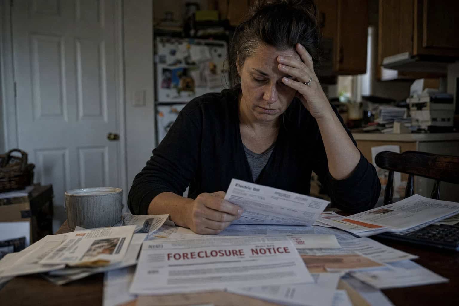 What Is the 30/30/3 Rule for Home Buying? Two Frameworks Explained With Real Examples 6 Frustrated woman reviewing foreclosure notice and bills at home, surrounded by paperwork and a cluttered kitchen table.
