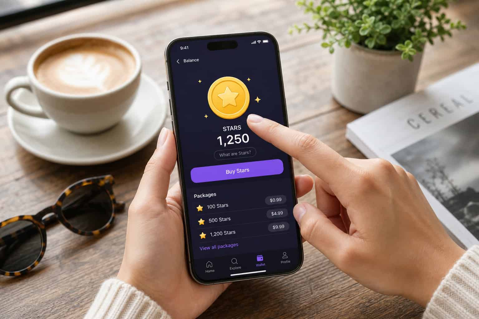 How RetouchMe Works: A Step-by-Step Walkthrough With Real User Experiences 4 Hand tapping smartphone screen to purchase in-app stars virtual currency for photo editing