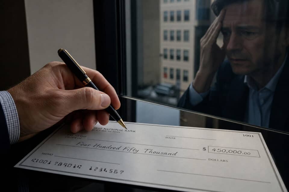 Man worried about financial stress as he looks at a large check for $450,000, symbolizing financial concerns and significant monetary transactions.