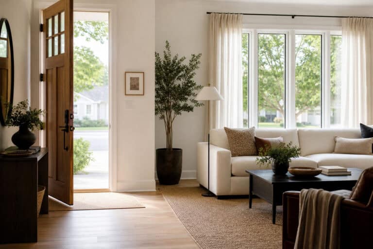 Spacious living room with large windows, white sofa, potted plant, and wooden accents, filled with natural sunlight and greenery outside.