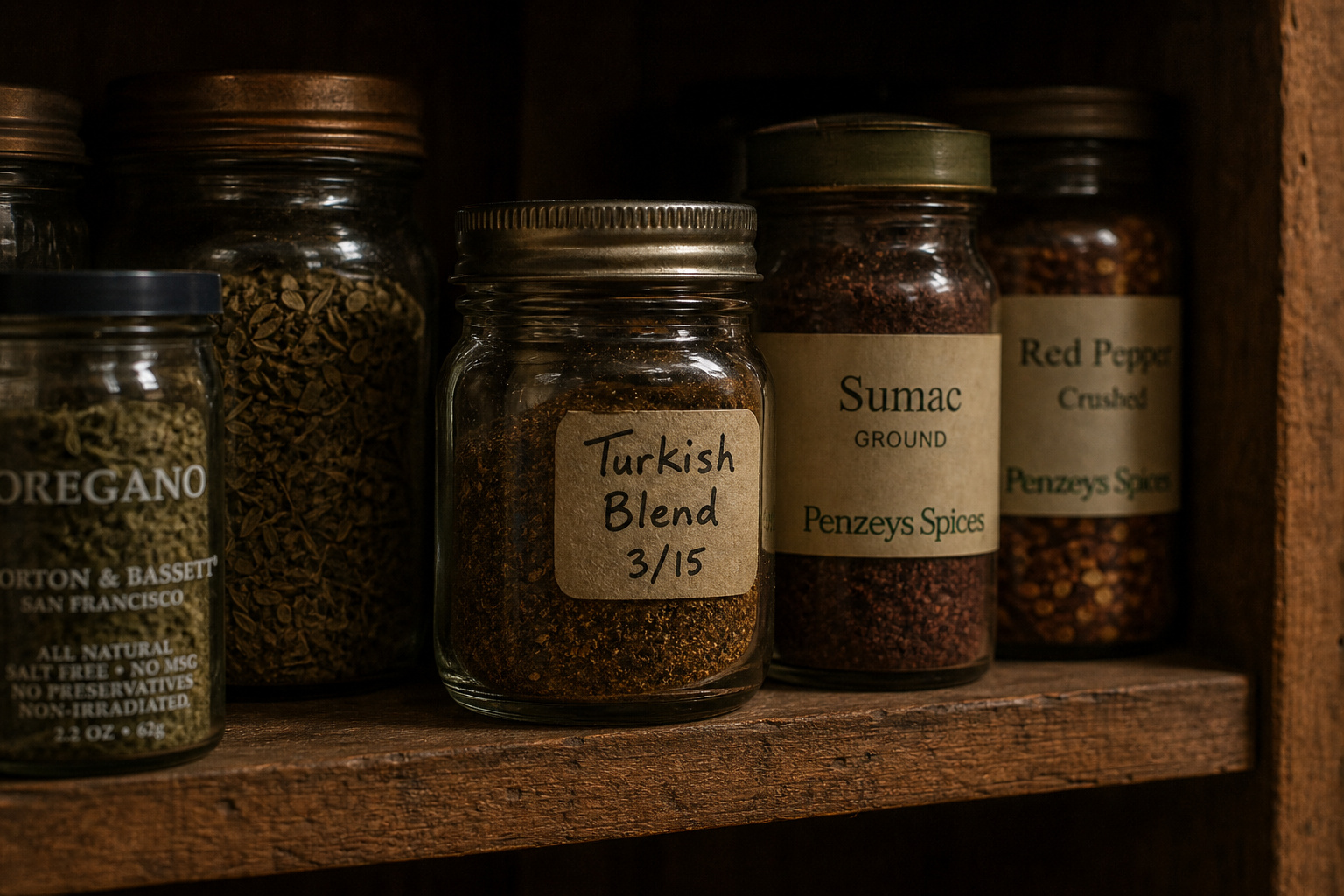 Assorted spice jars on a rustic wooden shelf, including Turkish Blend, Sumac, and Red Pepper, used for cooking and seasoning.
